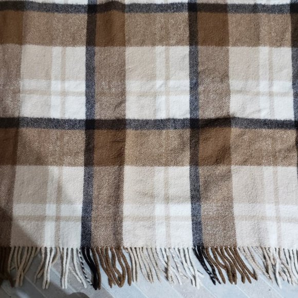 SOLD Vintage Pure Wool Throw Plaid Brown Tan 53X65 - Picture 3 of 6